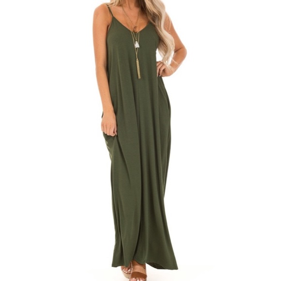OLIVE green spaghetti strap maxi dress with pockets Extra Large XL - Picture 4 of 8